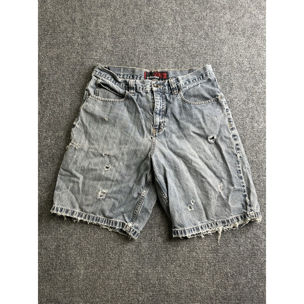 Mens Anchor Blue Distressed Denim Shorts Light Wash, Size 33